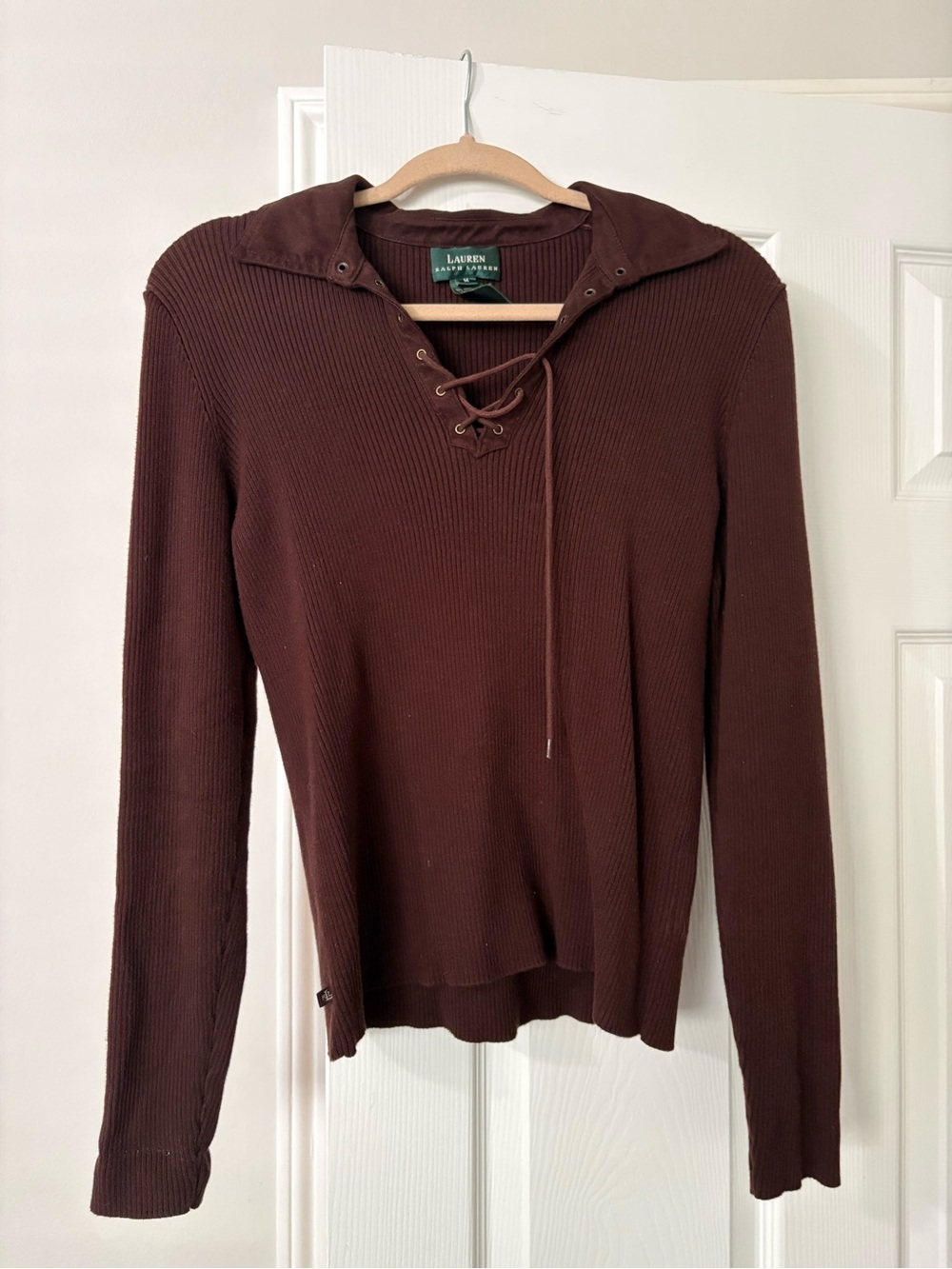 Ralph Lauren Brown Lace-Up Ribbed Hoodie Sweater